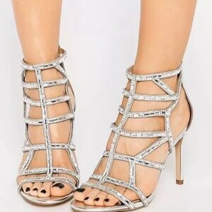 Aldo Norta Silver Heeled Cut Out Embellished Formal Sandals 7 1/2